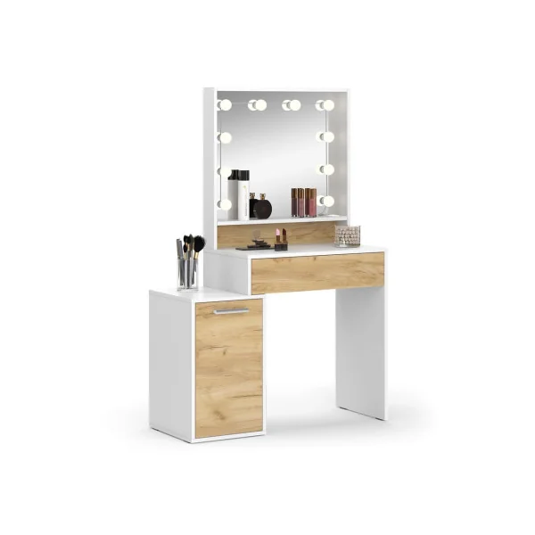 Table Maquillage 1 Tiroir 1 Placard + LED Coiffeuse Blanche et Chêne avec Miroir et Rangements