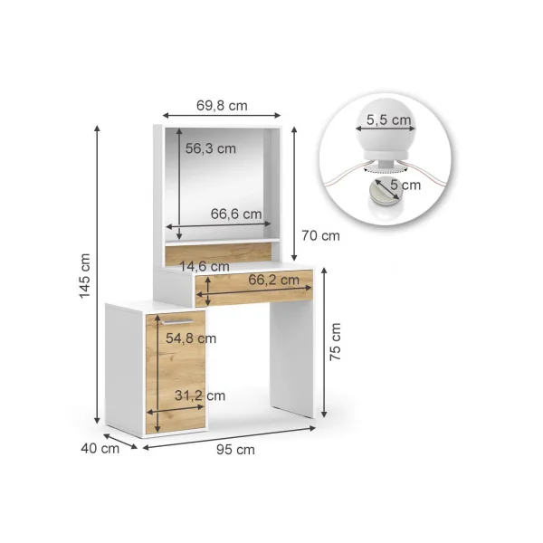 Table Maquillage 1 Tiroir 1 Placard + LED Coiffeuse Blanche et Chêne avec Miroir et Rangements