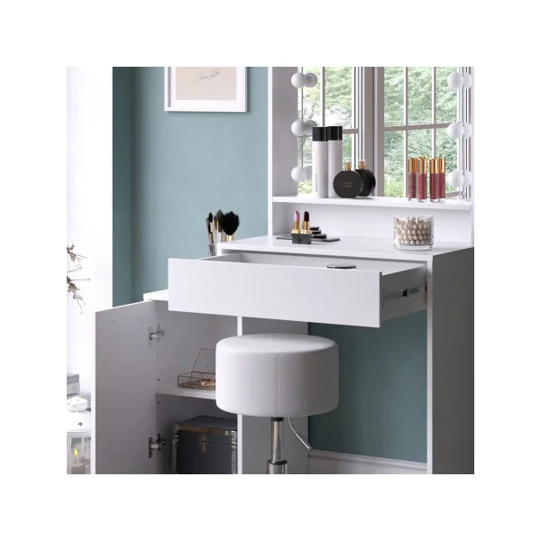 Table Maquillage 1 Tiroir 1 Placard + LED + Tabouret Coiffeuse Blanche avec Miroir et Rangements