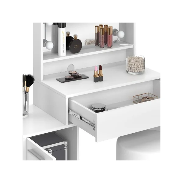 Table Maquillage 1 Tiroir 1 Placard + LED + Tabouret Coiffeuse Blanche avec Miroir et Rangements