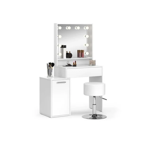 Table Maquillage 1 Tiroir 1 Placard + LED + Tabouret Coiffeuse Blanche avec Miroir et Rangements
