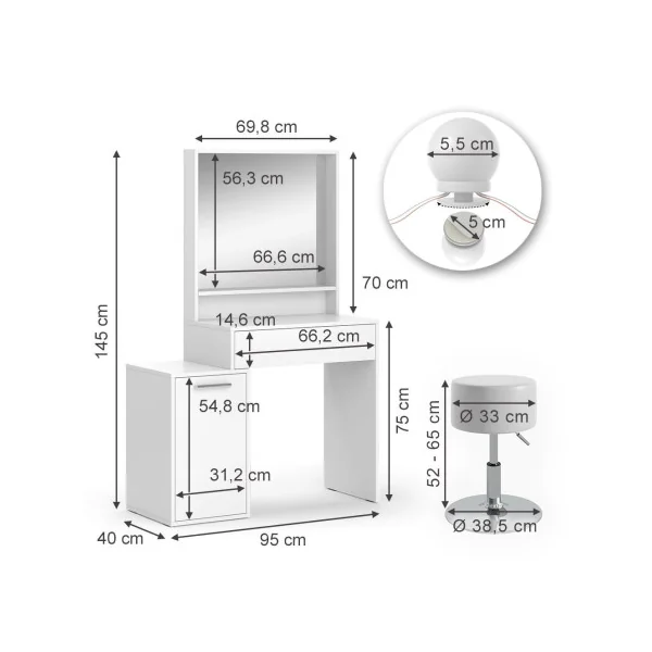 Table Maquillage 1 Tiroir 1 Placard + LED + Tabouret Coiffeuse Blanche avec Miroir et Rangements
