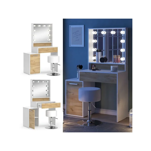 Table Maquillage 1 Tiroir 1 Placard + LED + Tabouret Coiffeuse Blanche et Chêne avec Miroir et Rangements