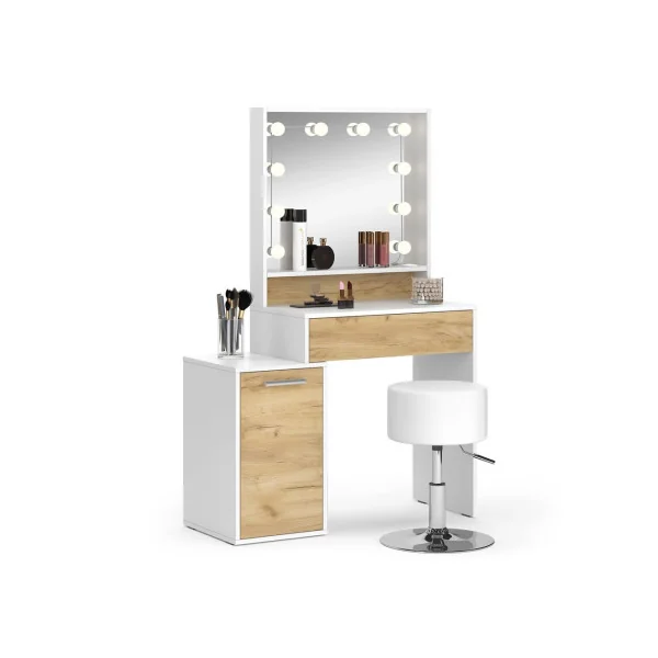 Table Maquillage 1 Tiroir 1 Placard + LED + Tabouret Coiffeuse Blanche et Chêne avec Miroir et Rangements