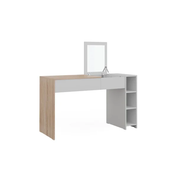 Table Maquillage 1 Tiroir Coiffeuse Blanche et Chêne avec Miroir et Rangements