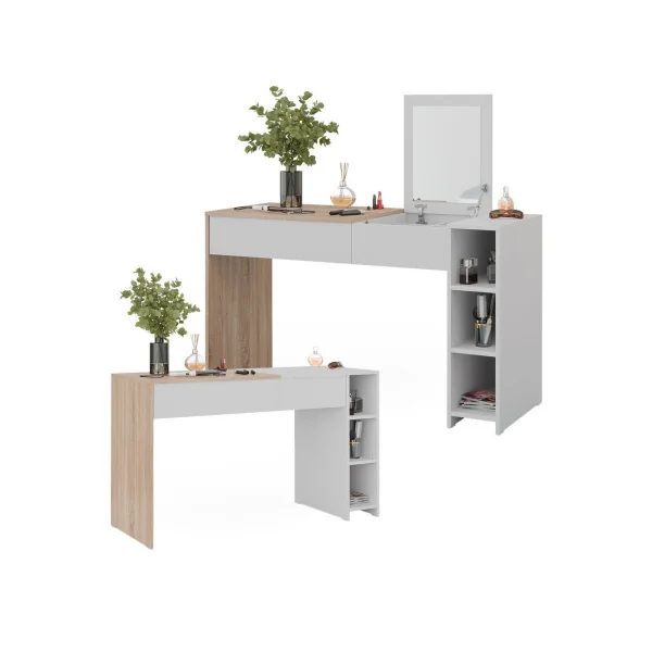 Table Maquillage 1 Tiroir Coiffeuse Blanche et Chêne avec Miroir et Rangements