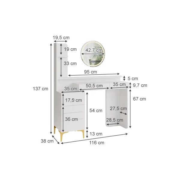 Table Maquillage 3 Tiroirs + Miroir LED Coiffeuse Blanche avec Miroir et Rangements