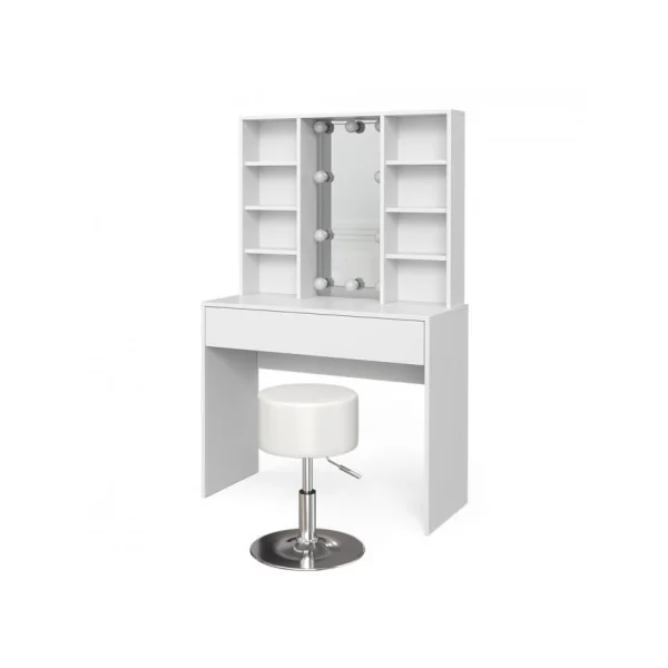 Table Maquillage Coiffeuse Moderne Blanche 1 Tiroir avec Miroir et LED + Tabouret