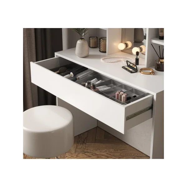 Table Maquillage Coiffeuse Moderne Blanche 1 Tiroir avec Miroir et LED + Tabouret