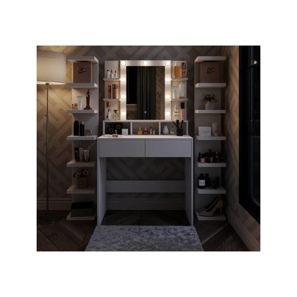 Table Maquillage Coiffeuse Moderne Blanche 2 Tiroirs avec Miroir et LED