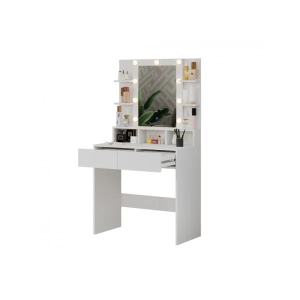 Table Maquillage Coiffeuse Moderne Blanche 2 Tiroirs avec Miroir et LED