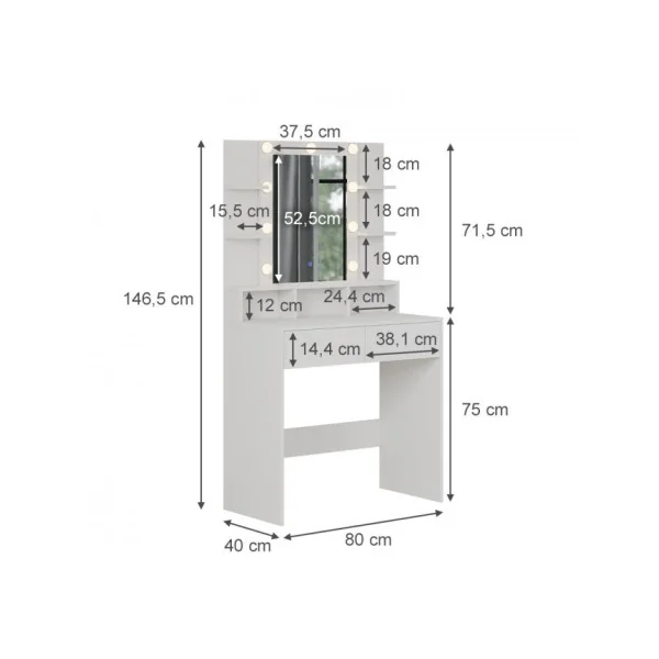 Table Maquillage Coiffeuse Moderne Blanche 2 Tiroirs avec Miroir et LED