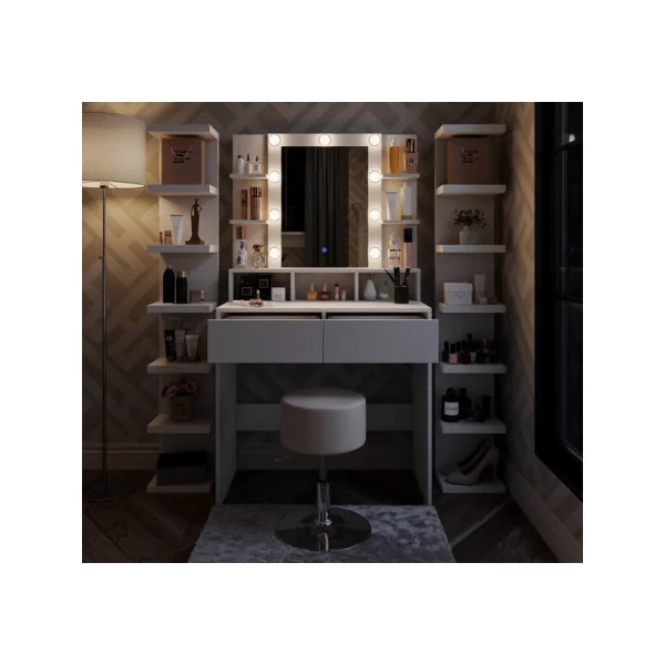 Table Maquillage Coiffeuse Moderne Blanche 2 Tiroirs avec Miroir et LED + Tabouret