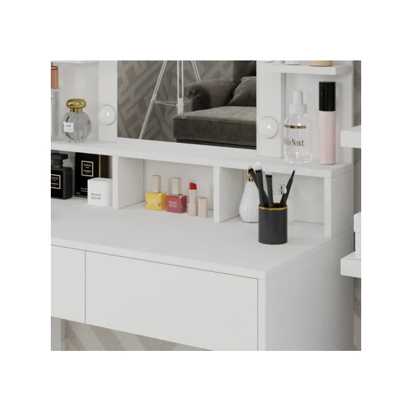 Table Maquillage Coiffeuse Moderne Blanche 2 Tiroirs avec Miroir et LED + Tabouret