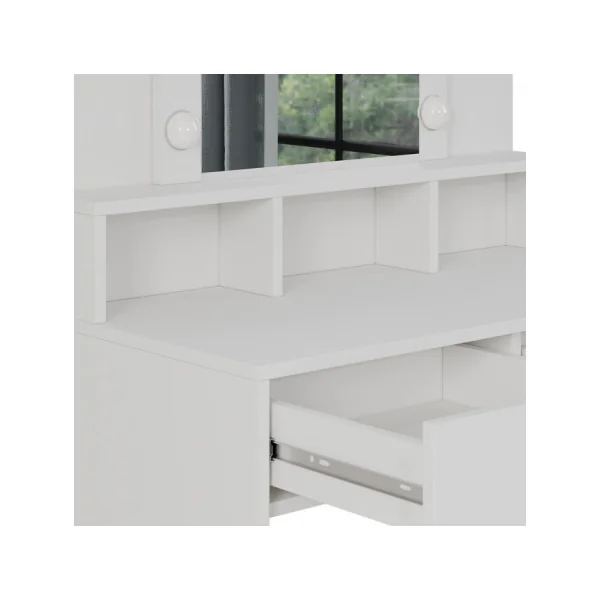 Table Maquillage Coiffeuse Moderne Blanche 2 Tiroirs avec Miroir et LED + Tabouret