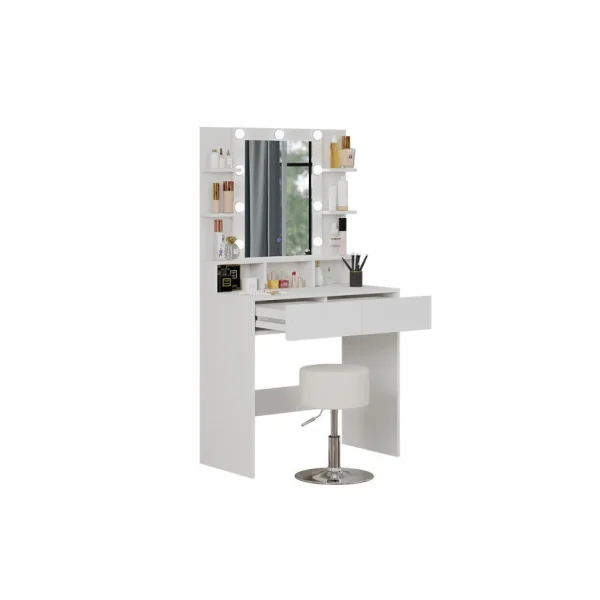 Table Maquillage Coiffeuse Moderne Blanche 2 Tiroirs avec Miroir et LED + Tabouret
