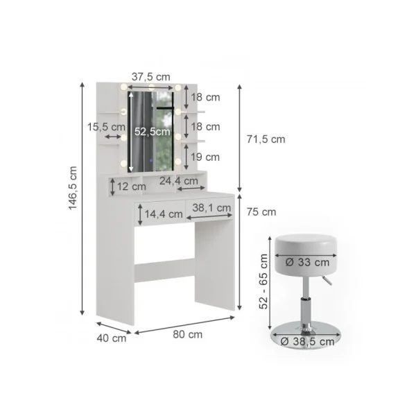 Table Maquillage Coiffeuse Moderne Blanche 2 Tiroirs avec Miroir et LED + Tabouret