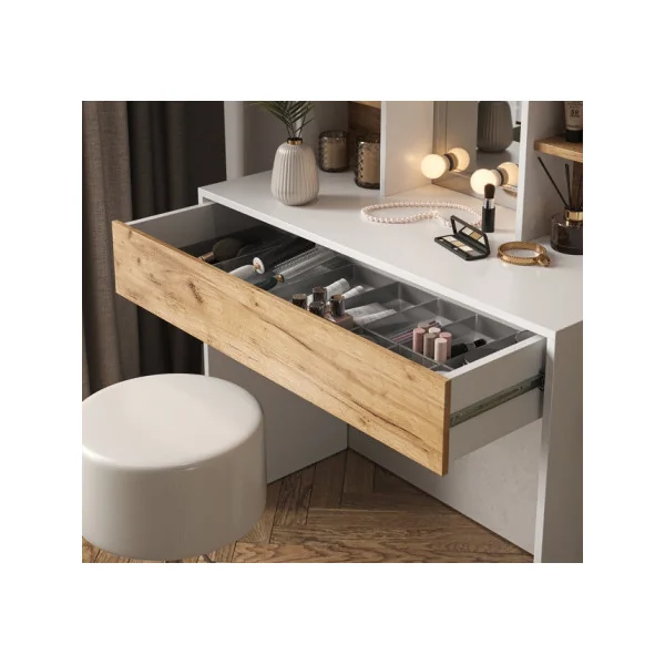 Table Maquillage Coiffeuse Moderne Blanche et Chêne 1 Tiroir avec Miroir et LED + Tabouret