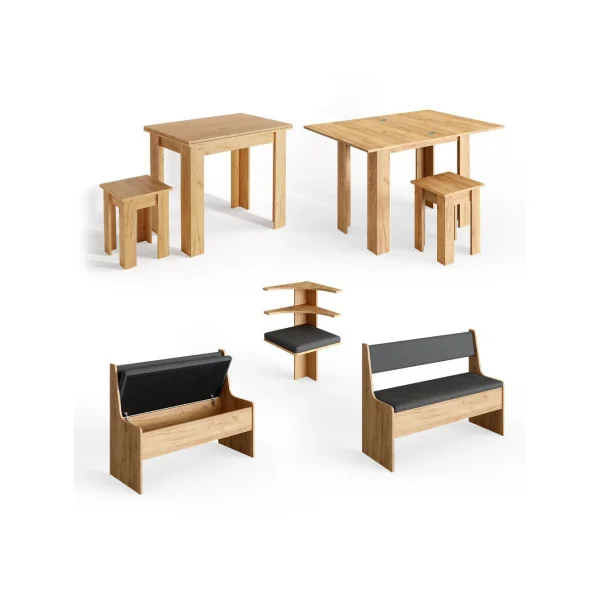 Table à manger avec banquettes et tabouret 150x150 cm chêne table de repas table cuisine