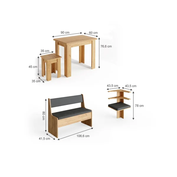 Table à manger avec banquettes et tabouret 150x150 cm chêne table de repas table cuisine