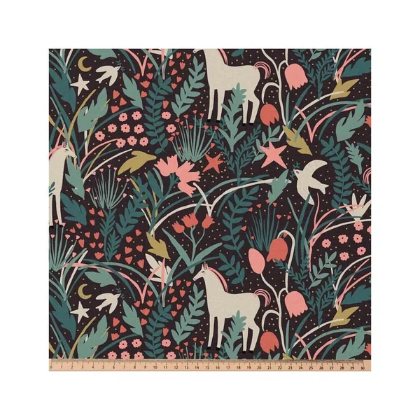 Tissu coton enfant licorne sur fond noir