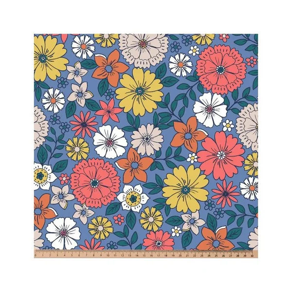 Tissu coton popeline fleuri sur fond bleu