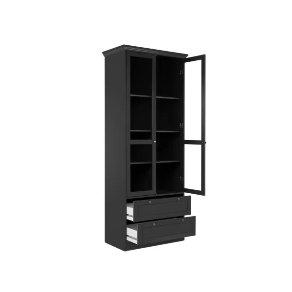 Vitrine Anthracite de Salon 2 Portes 2 Tiroirs Buffet Haut Armoire de Salon