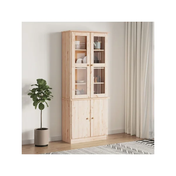 Vitrine en Verre Bois de pin Massif Vaisselier de Salon Bois Naturel