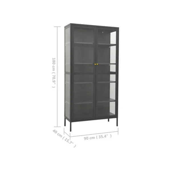 Vitrine Vaisselier Anthracite Acier et Verre Trempé 4 Etagères Réglables