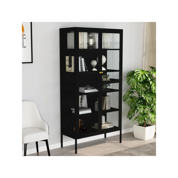 Vitrine Vaisselier Noir Acier et Verre Trempé 4 Etagères Réglables