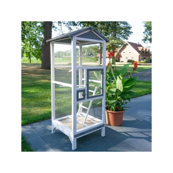 Volière de jardin grise et blanche volière en bois de pin massif pour l'extérieur
