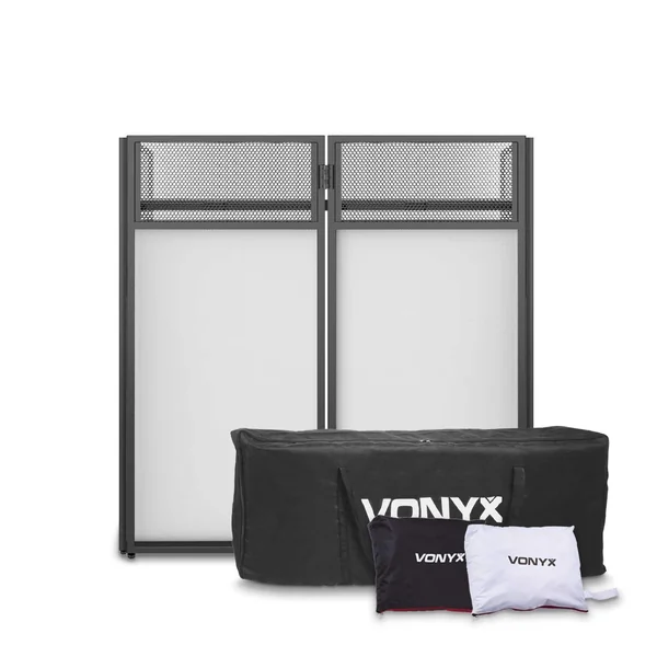 Vonyx DB4 Pro Stand DJ Repliable 4 Panneaux avec Structure, Toiles et Sacoches - 110 cm