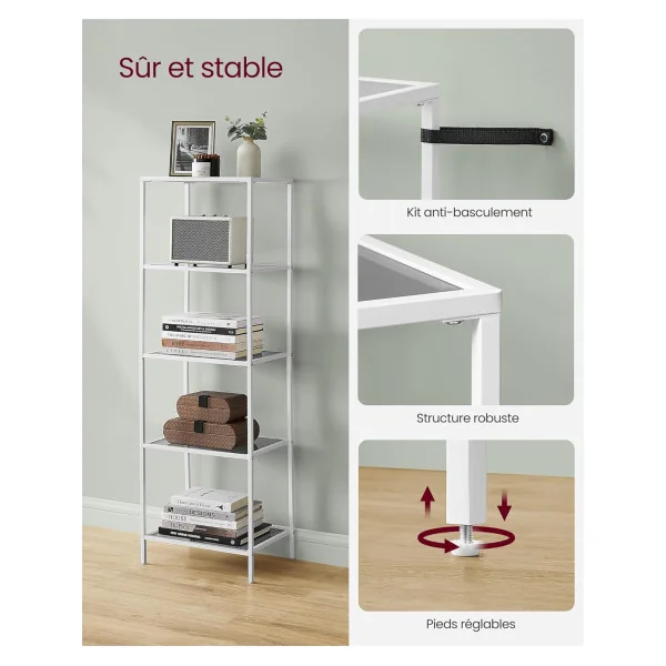 Étagère Blanche en Verre et Acier 5 niveaux Etagère de Rangement en Verre trempé