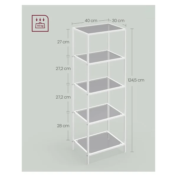 Étagère Blanche en Verre et Acier 5 niveaux Etagère de Rangement en Verre trempé