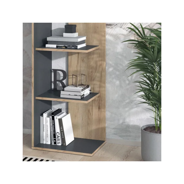 Étagère chêne et anthracite 4 niveaux Bibliothèque cd/dvd Meuble rangement
