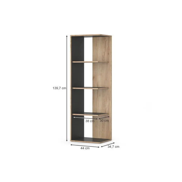 Étagère chêne et anthracite 4 niveaux Bibliothèque cd/dvd Meuble rangement