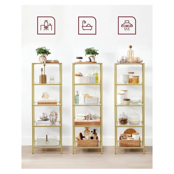 Étagère Doré en Verre et Acier 5 niveaux Etagère de Rangement Verre Trempé