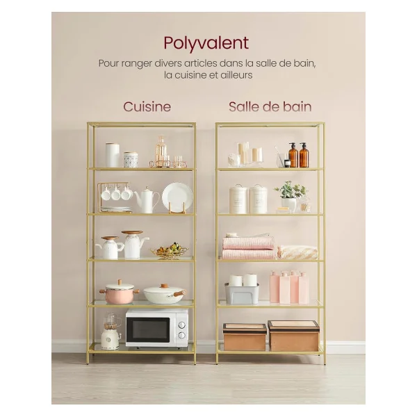 Étagère Doré en Verre et Acier 6 niveaux Etagère de Rangement Verre Trempé