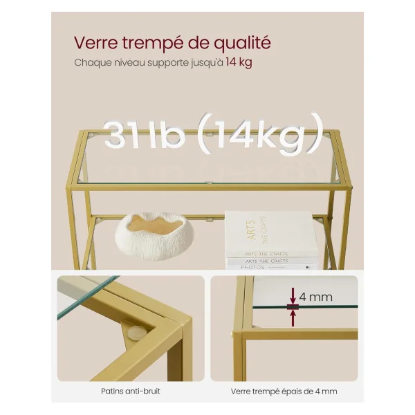 Étagère Doré en Verre et Acier 6 niveaux Etagère de Rangement Verre Trempé