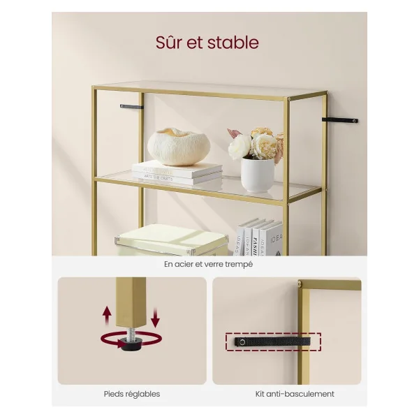 Étagère Doré en Verre et Acier 6 niveaux Etagère de Rangement Verre Trempé