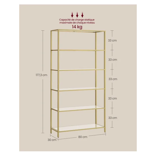 Étagère Doré en Verre et Acier 6 niveaux Etagère de Rangement Verre Trempé
