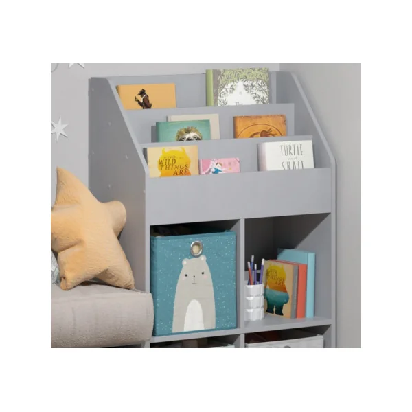 Étagère grise livres Montessori GM bibliothèque enfant 3 niveaux 4 compartiments