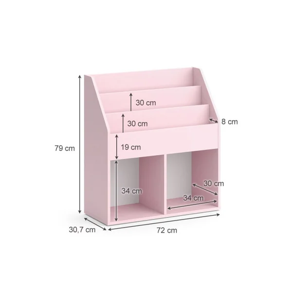 Étagère livres Montessori Rose bibliothèque enfant 3 niveaux et 2 compartiments