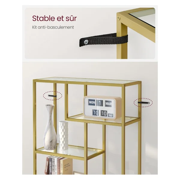 Étagère Méli Mélo Doré en Verre et Acier 6 niveaux Etagère de Rangement Verre Trempé
